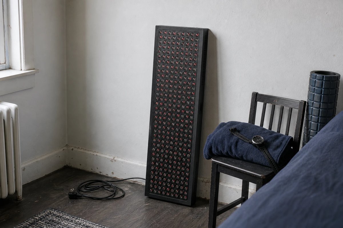 Ausgeschaltetes Rotlicht-LED-Panel mit einem Raster aus roten und nahinfraroten Dioden lehnt an einer schlichten Schlafzimmerwand, daneben eine Faszienrolle und ein zusammengelegtes Handtuch