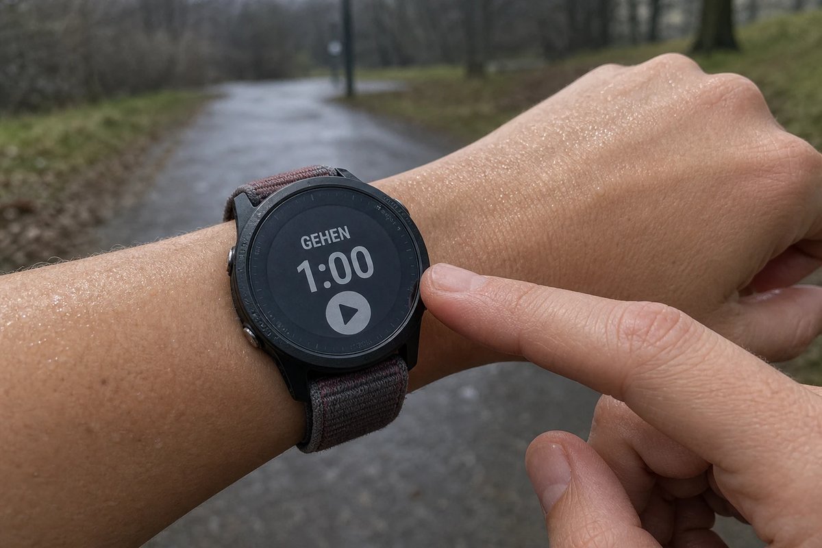 Nahaufnahme eines Handgelenks mit Sportuhr, deren Display einen Intervall-Timer mit dem Hinweis Gehen 1:00 zeigt, während ein Finger den Bildschirm antippt