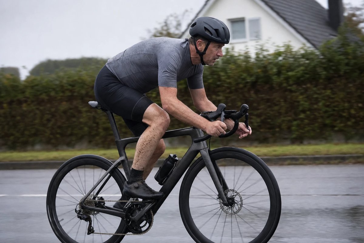 Rennradfahrer in tiefer, aggressiver Haltung mit beiden Händen im Unterlenker auf nasser Straße, von der Antriebsseite fotografiert, das Becken rollt nach vorn über den Sattel