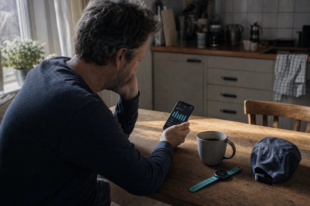 Mann am Küchentisch am Morgen, der auf seinem Handy einen Wochen-Trend seiner Schlafdaten als Balken anschaut, daneben Kaffeetasse und Sportuhr