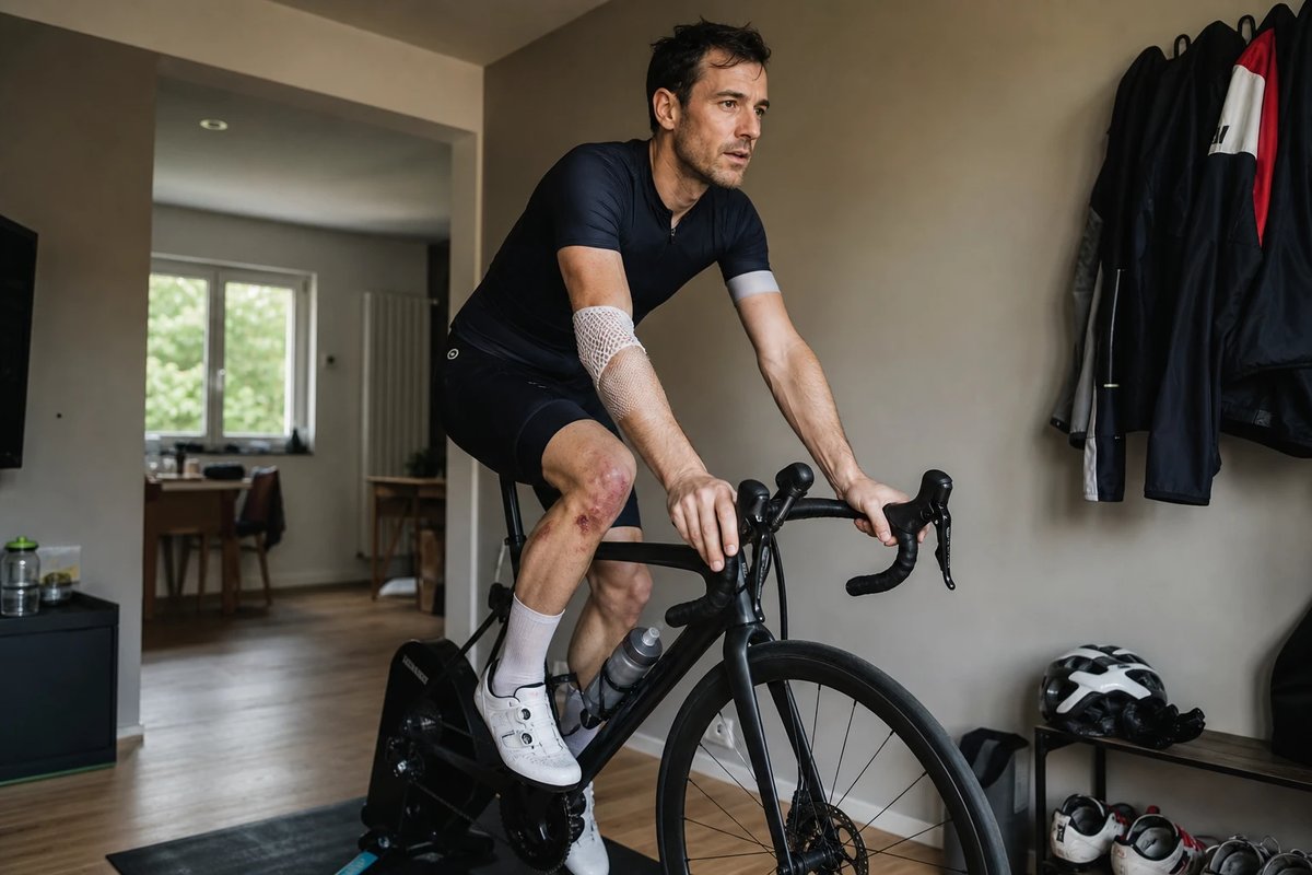 Ein Radfahrer trainiert in der Wohnung auf einem Smarttrainer, das Rennrad fest eingespannt, aufrechte Haltung mit wenig Gewicht auf den Armen, während die Schulter nach einer Verletzung heilt