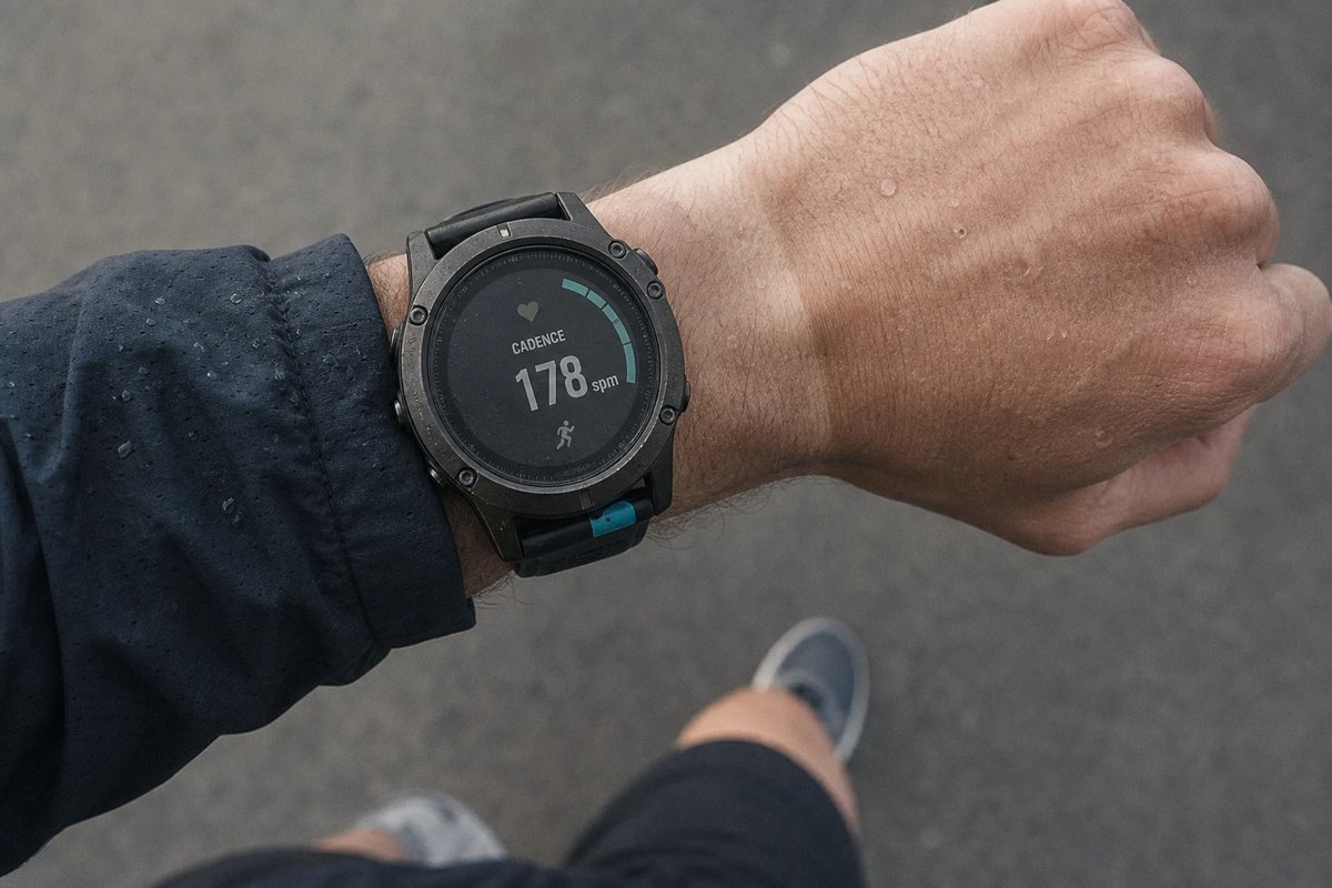 GPS-Laufuhr an einem verschwitzten Handgelenk mitten im Lauf, das Display zeigt eine Schrittfrequenz von 178 spm