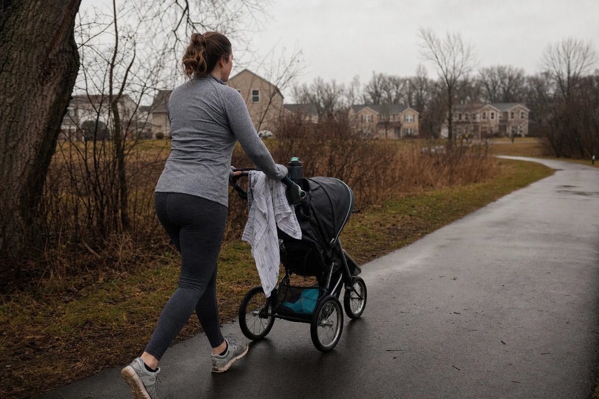 Eine Frau geht nach der Geburt zügig mit einem Laufkinderwagen über einen feuchten Weg, ein Tuch über dem Griff, ruhiges flaches Tageslicht