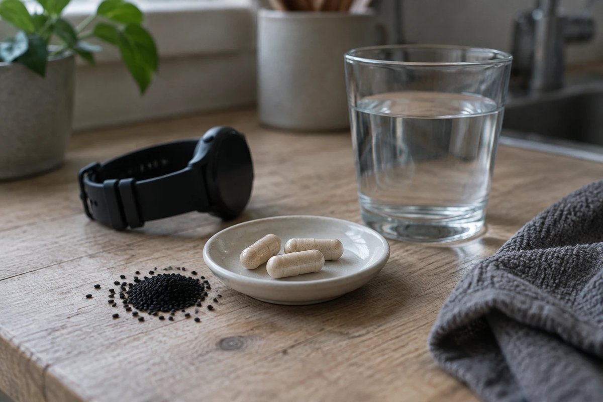 Küchentheke aus hellem Holz mit einer markenlosen schwarzen Sportuhr, einem Glas Wasser, drei schlichten beigen Kapseln auf einer weißen Keramikschale und einem kleinen Häufchen schwarzer Nigella-Samen