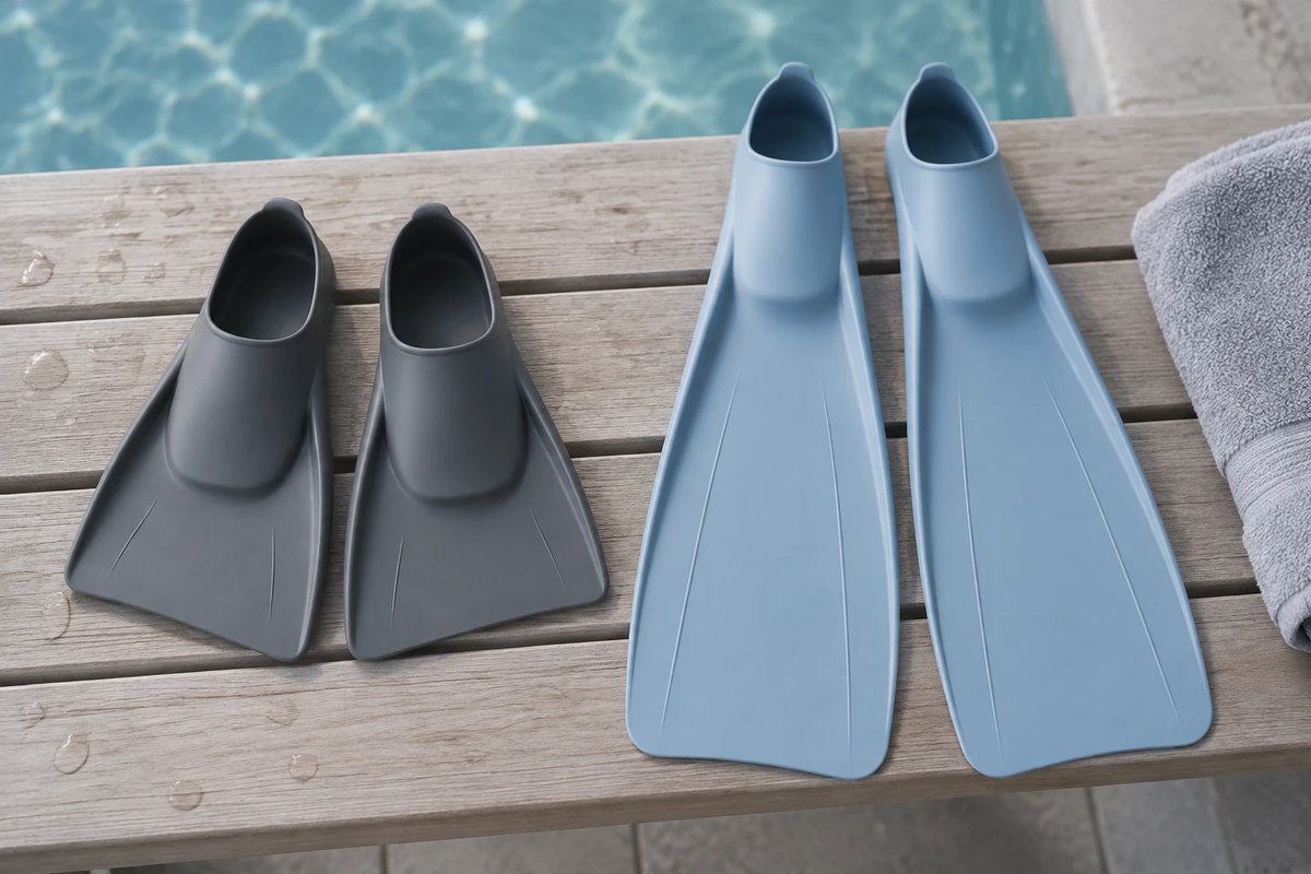 Zwei Paar schlichte Schwimmflossen auf einer hellen Holzbank am Beckenrand, links kurze graue Trainingsflossen, rechts lange hellblaue Flossen, daneben ein gefaltetes Handtuch