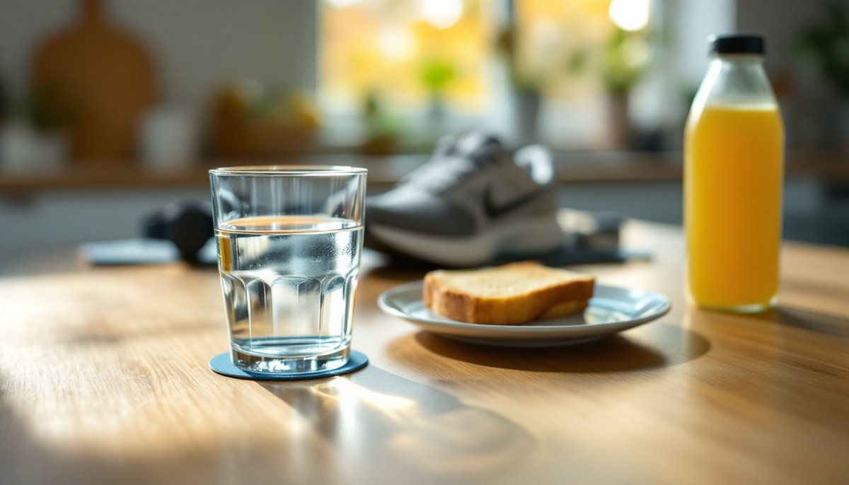 Küchentheke vor dem Morgenlauf mit einem Glas Wasser und einem Teller mit Banane und Toast im Vordergrund, eine Saftflasche steht bewusst weiter hinten außer Reichweite