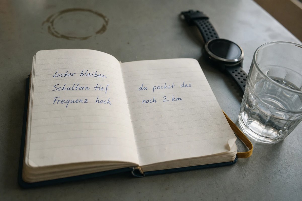 Aufgeschlagenes Trainingsnotizbuch mit ein paar kurzen handschriftlichen Stichworten auf einem Küchentisch, daneben eine GPS-Uhr und ein halb leeres Wasserglas