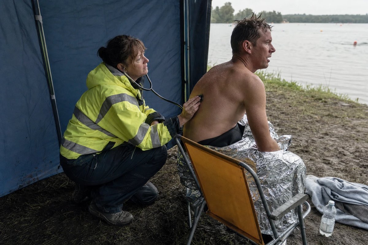 Rennärztin im Sanitätszelt am See hört einen sitzenden Schwimmer mit Rettungsdecke über den Rücken ab