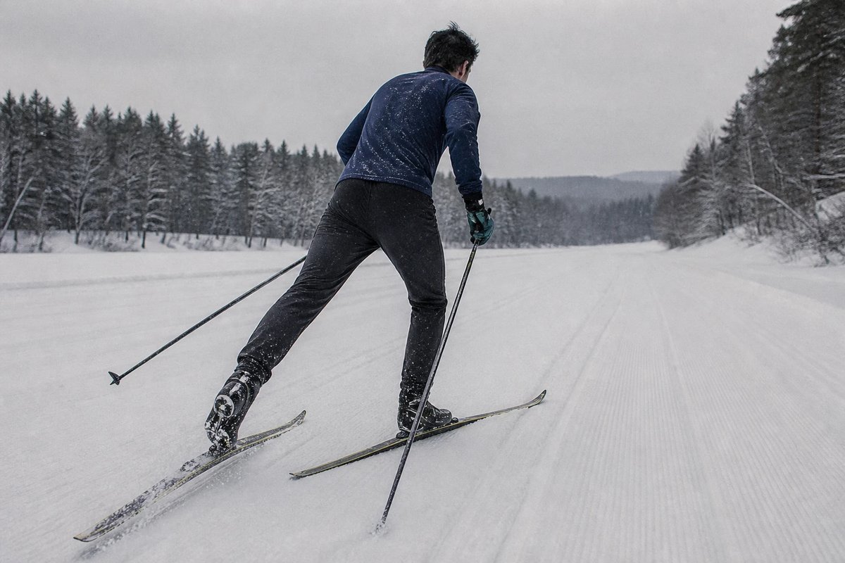 Ein Langläufer in der Skating-Technik von hinten auf einer breiten präparierten Piste, die Ski stehen im V nach außen, beide Stöcke setzen auf, Schneespray an den Kanten