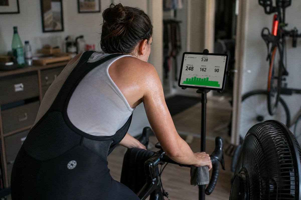 Radsportlerin trainiert über die Schulter gesehen auf dem Smarttrainer, ein Tablet zeigt eine strukturierte Einheit mit Intervall-Balken, ein großer Ventilator ist frontal auf sie gerichtet