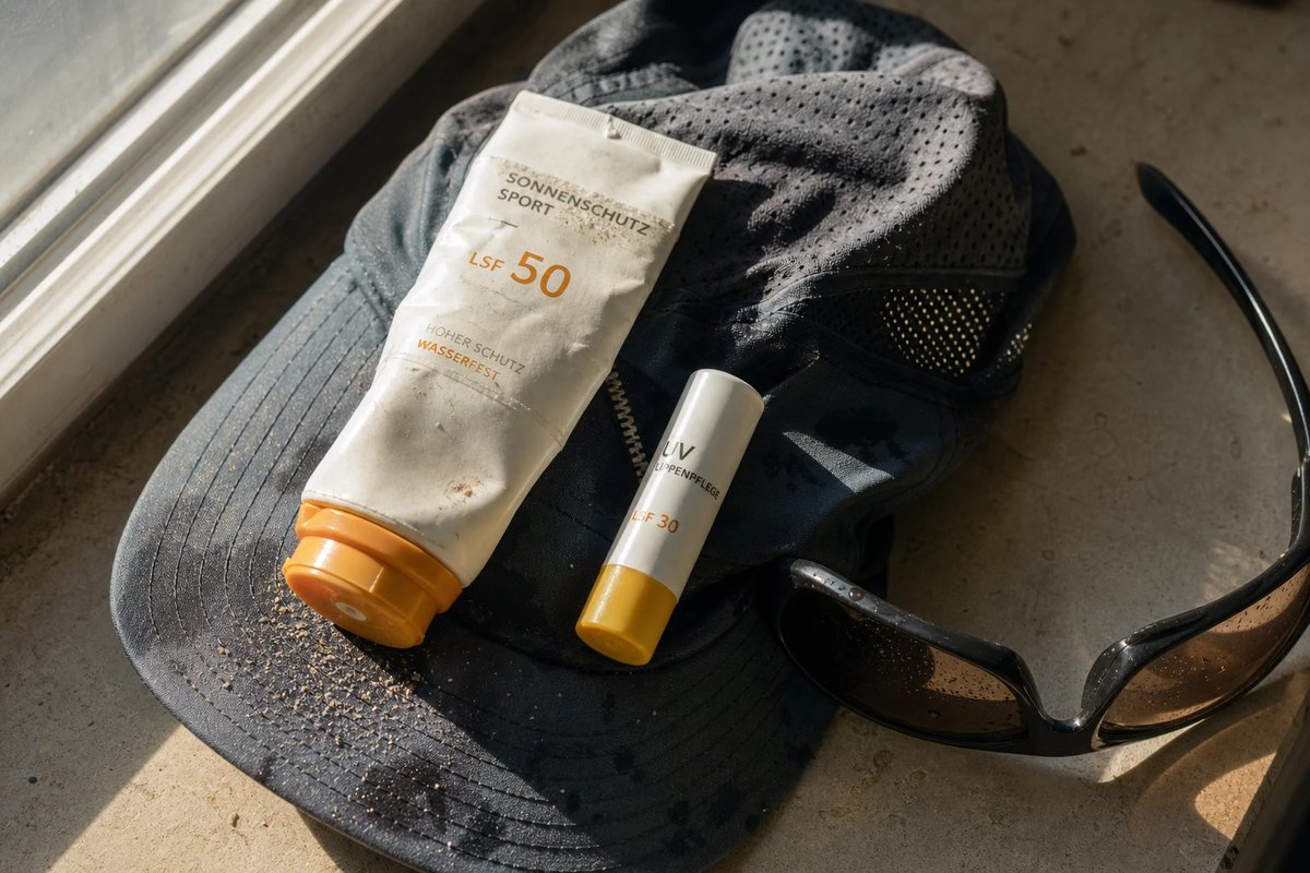 Eine halb aufgebrauchte Tube Sport-Sonnencreme mit der Aufschrift LSF 50 und ein UV-Lippenstift liegen auf einer verschwitzten Laufkappe am sonnigen Fensterbrett, daneben eine Sportsonnenbrille
