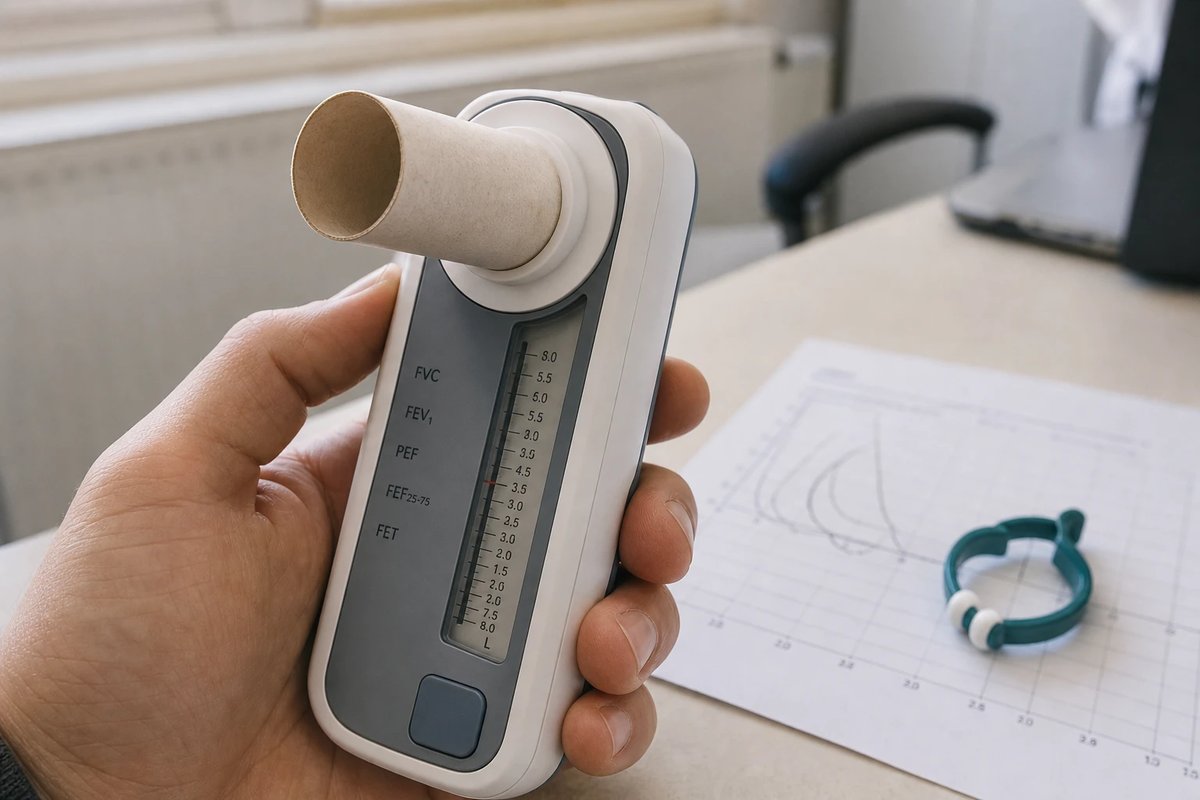 Ein Handspirometer mit frischem Einweg-Mundstück wird in der Hand gehalten, im Hintergrund eine Nasenklammer und ein ausgedruckter Lungenfunktionsbefund