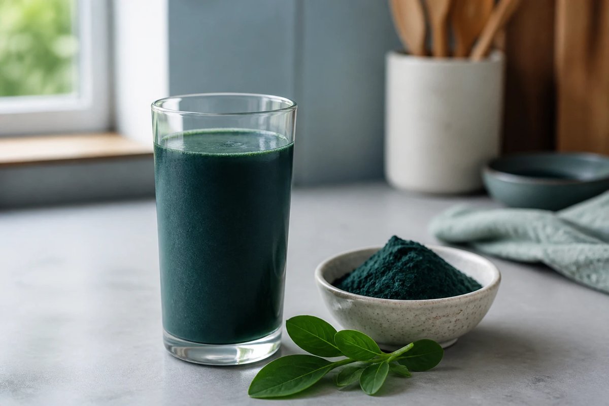 Ein hohes Glas mit tief blau-grünem Spirulina-Smoothie auf neutraler Küchenfläche, daneben eine kleine gesprenkelte Keramikschale mit blau-grünem Algenpulver und ein paar frische grüne Blätter
