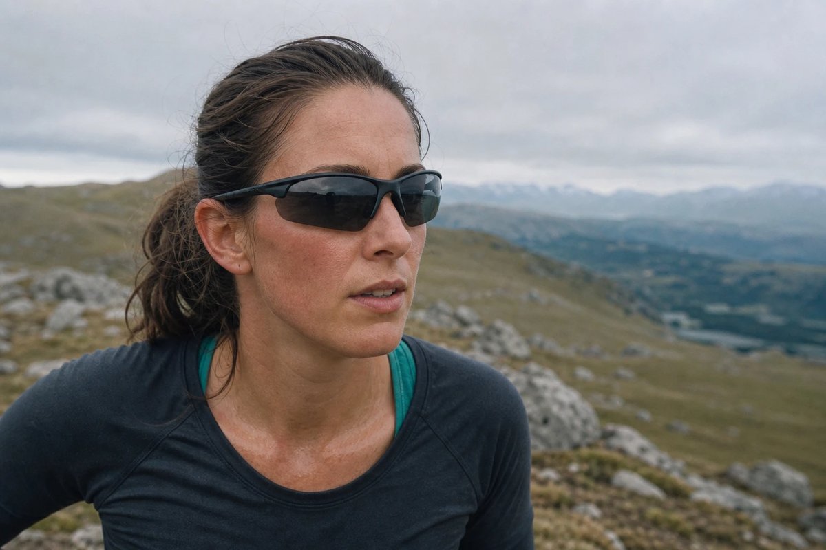 Trailläuferin macht auf einem offenen Höhenweg eine Pause und trägt eine eng anliegende Wrap-around-Sportbrille mit grauen Gläsern, die dicht an ihrem Gesicht sitzt