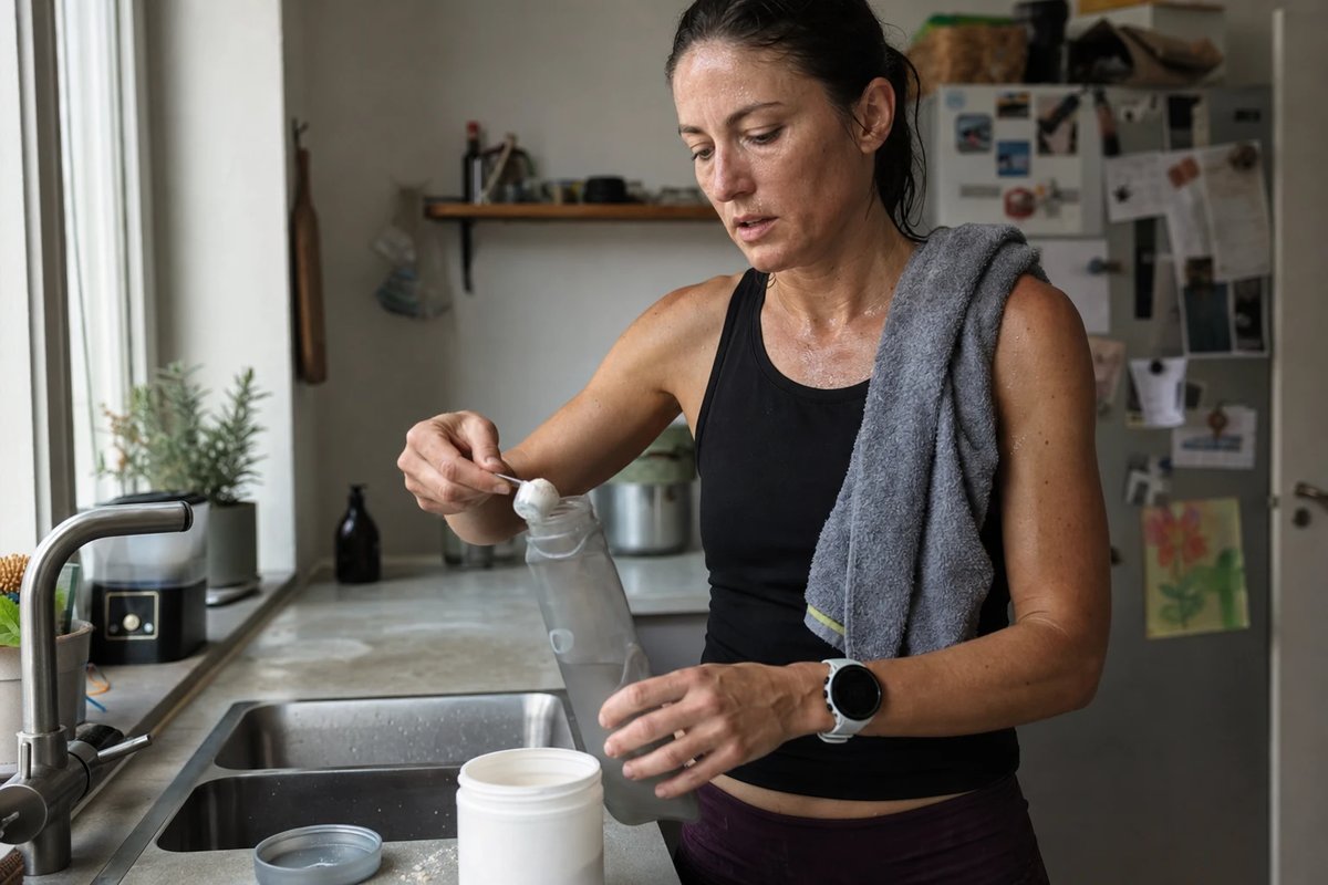 Läuferin füllt nach einem langen Lauf am Küchenspülbecken eine Soft-Flask, schaufelt Pulver aus einer offenen Dose, ein Handtuch über der Schulter und eine GPS-Uhr am Handgelenk