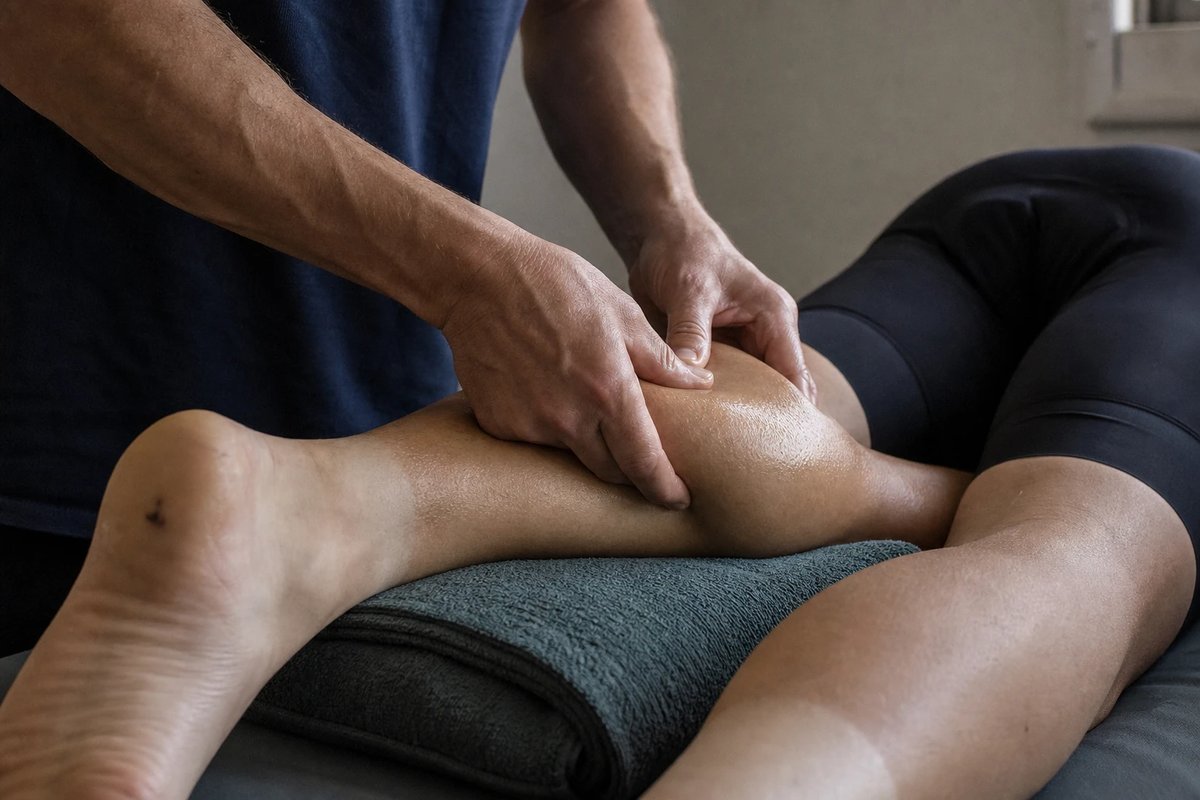 Nahaufnahme: Hände eines Sporttherapeuten kneten die Wadenmuskulatur eines Ausdauersportlers auf einer Massageliege, ein Handtuch liegt unter dem Bein