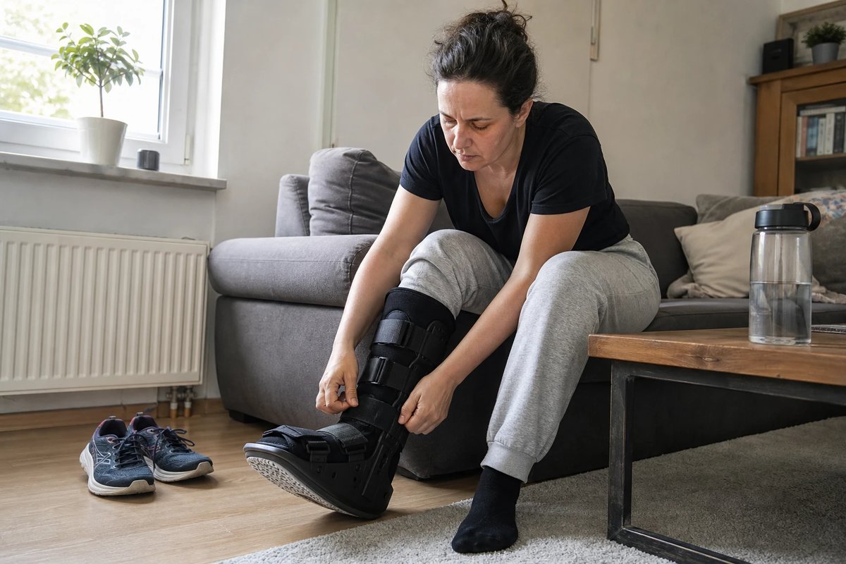 Frau sitzt zu Hause auf der Sofakante und schnürt einen festen orthopädischen Walker-Stiefel am Unterschenkel, daneben stehen Laufschuhe auf dem Boden