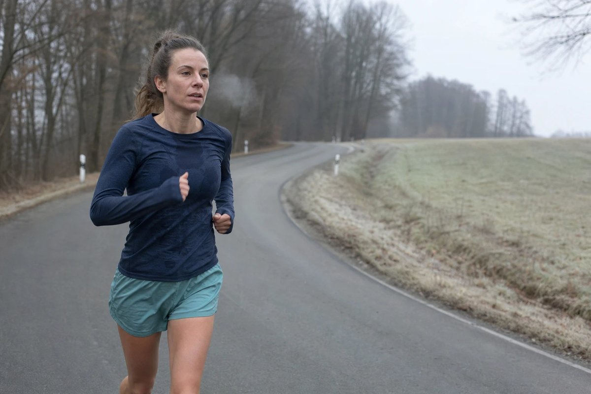 Läuferin auf einem langen, ruhigen Dauerlauf auf einer frostigen Landstraße im kühlen Morgenlicht
