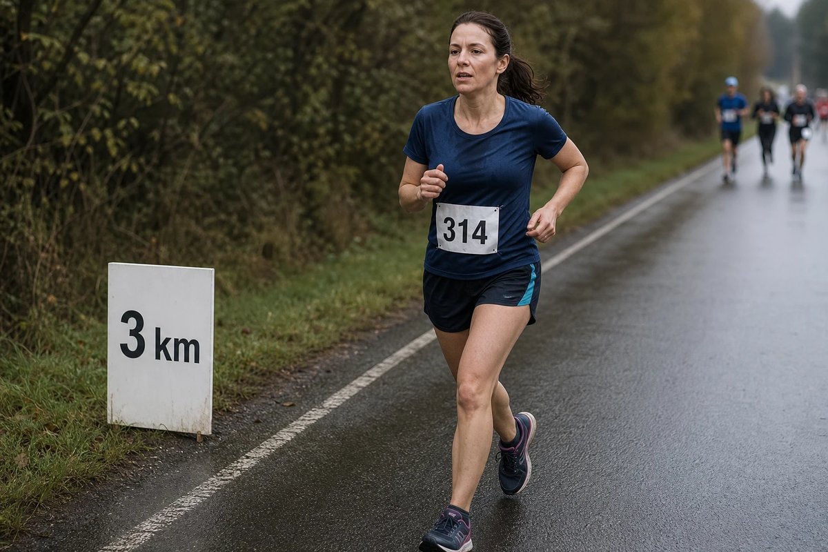 Läuferin passiert im 5-Kilometer-Straßenrennen einen Streckenmarker bei Kilometer 3 in gleichmäßigem, kontrolliertem Tempo