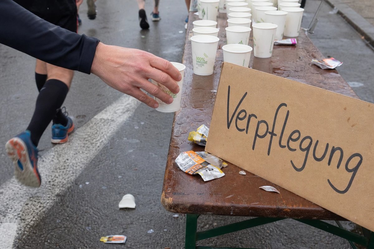 Verpflegungsstelle bei einem Straßenmarathon mit Wasserbechern, Gels und einem Läufer, der im Vorbeilaufen einen Becher greift