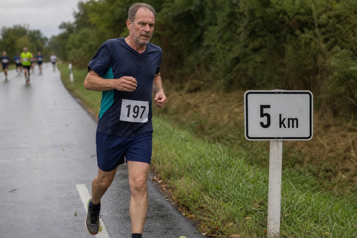 Läufer passiert im 10-Kilometer-Straßenrennen einen Streckenmarker bei Kilometer 5 in gleichmäßigem Tempo