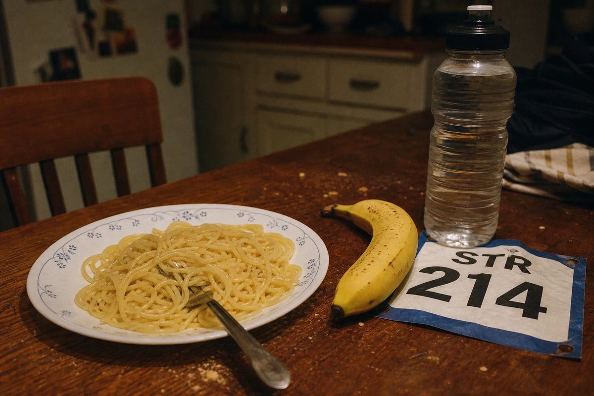 Teller mit einfacher Pasta, eine Banane, eine volle Trinkflasche und eine Startnummer auf einem Küchentisch am Abend vor dem Wettkampf