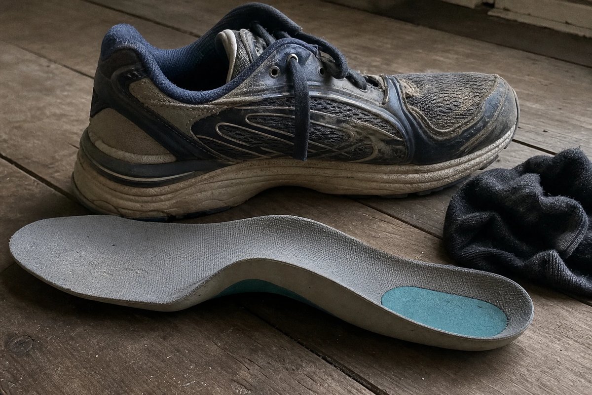 Ein abgelaufener Laufschuh liegt neben einer Einlage mit deutlich aufgebauter innerer Längsgewölbe-Stütze auf einem Holzboden, die mediale Wölbung der Einlage ist klar erhöht
