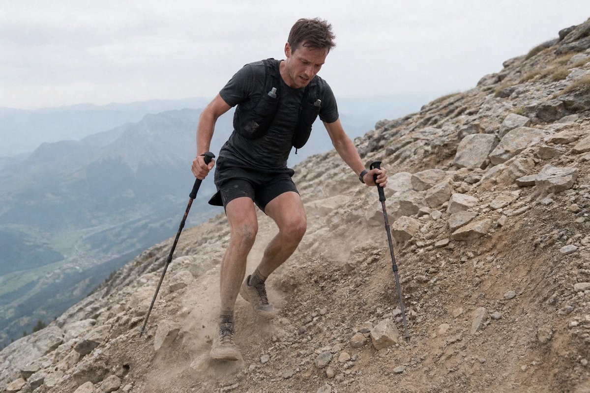Trailläufer steigt eine steile, felsige Bergabpassage hinunter und stützt sich mit zwei nach vorn gesetzten Stöcken ab, Knie gebeugt, Staub wirbelt auf