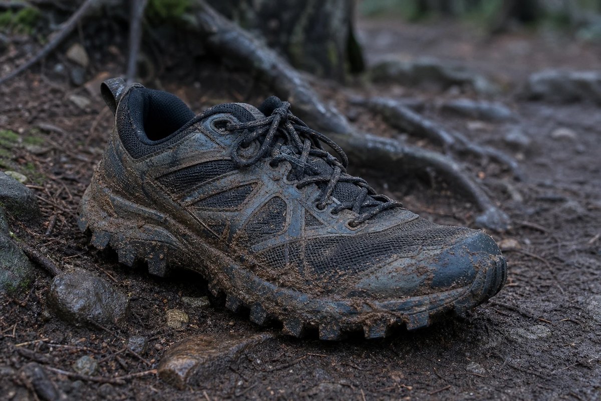 Gut eingelaufener Trailschuh mit tiefem Stollenprofil, matschverkrustet, auf feuchtem Waldboden neben Baumwurzeln
