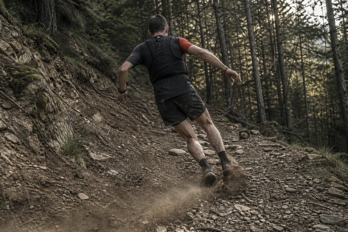 Läufer rennt eine steile, technische Abfahrt mit losen Steinen und Wurzeln hinunter, Staub wirbelt unter den bremsenden Trailschuhen auf