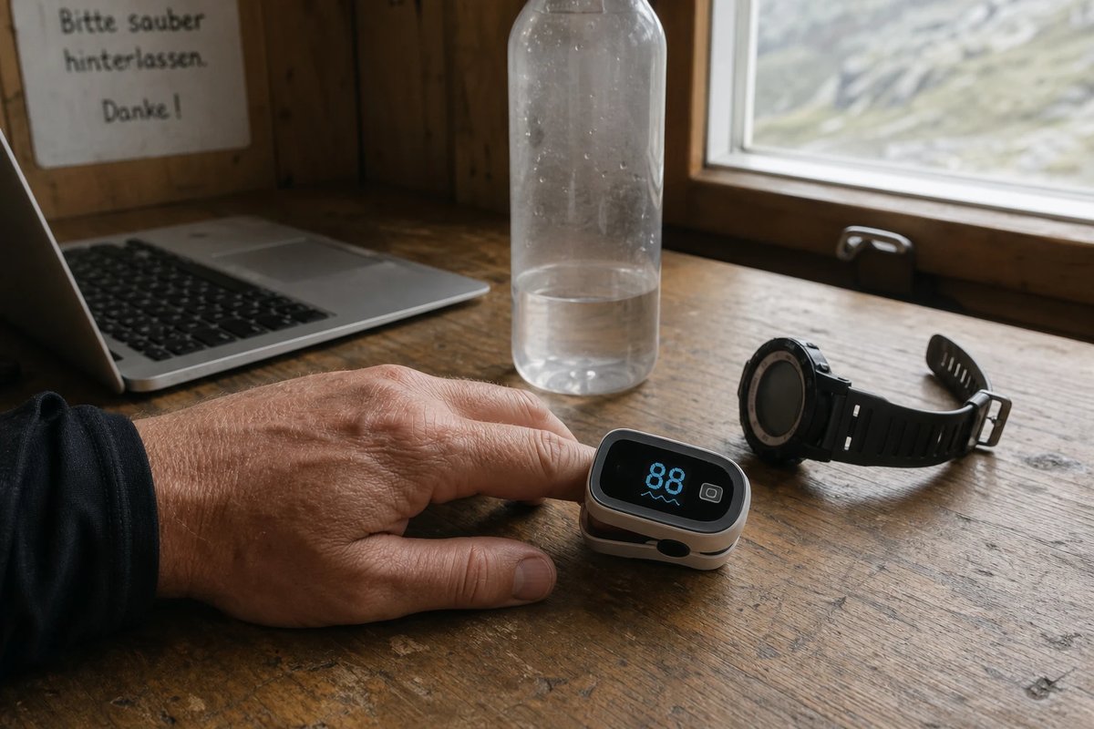 Ein Pulsoximeter an einer Fingerkuppe zeigt eine Sauerstoffsättigung von 88 Prozent, daneben eine GPS-Uhr und eine Wasserflasche auf einem Holztisch in einer Berghütte