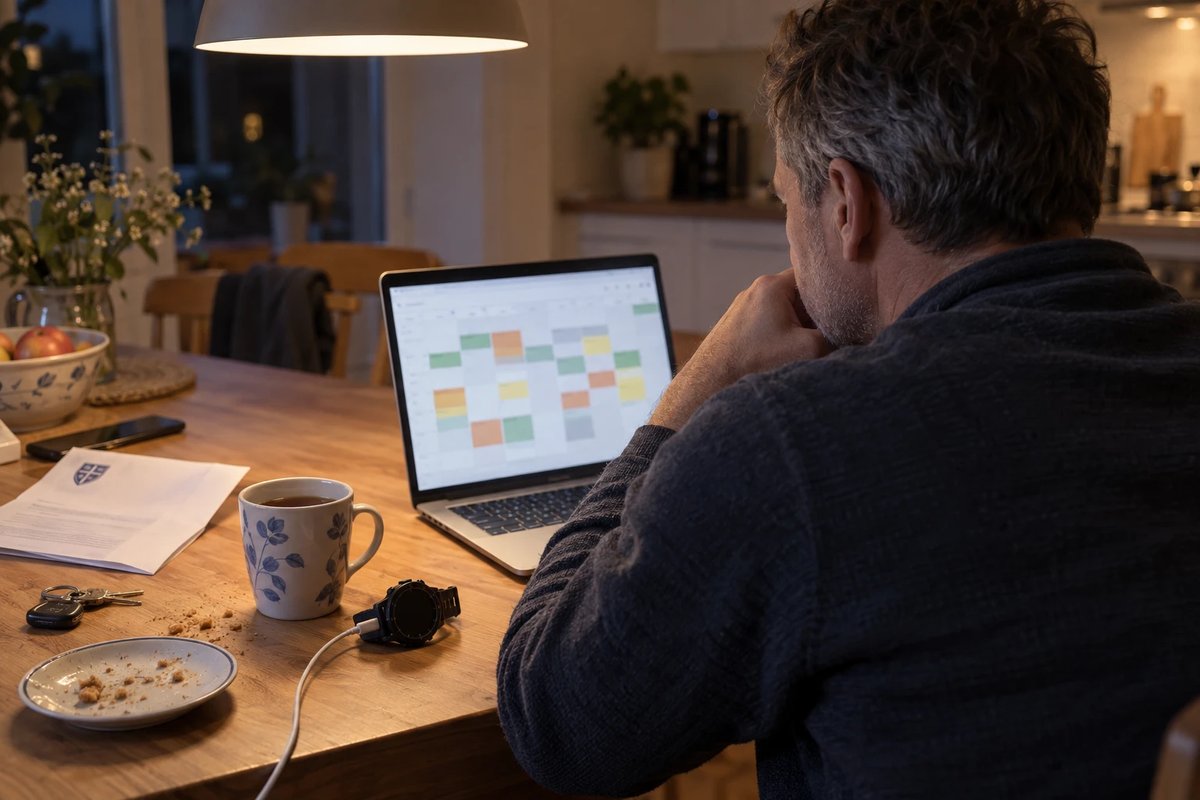 Mann sitzt abends am Küchentisch vor einem Laptop mit einem farbigen Wochenkalender, über die Schulter fotografiert, daneben eine Tasse Tee und eine Sportuhr am Ladekabel