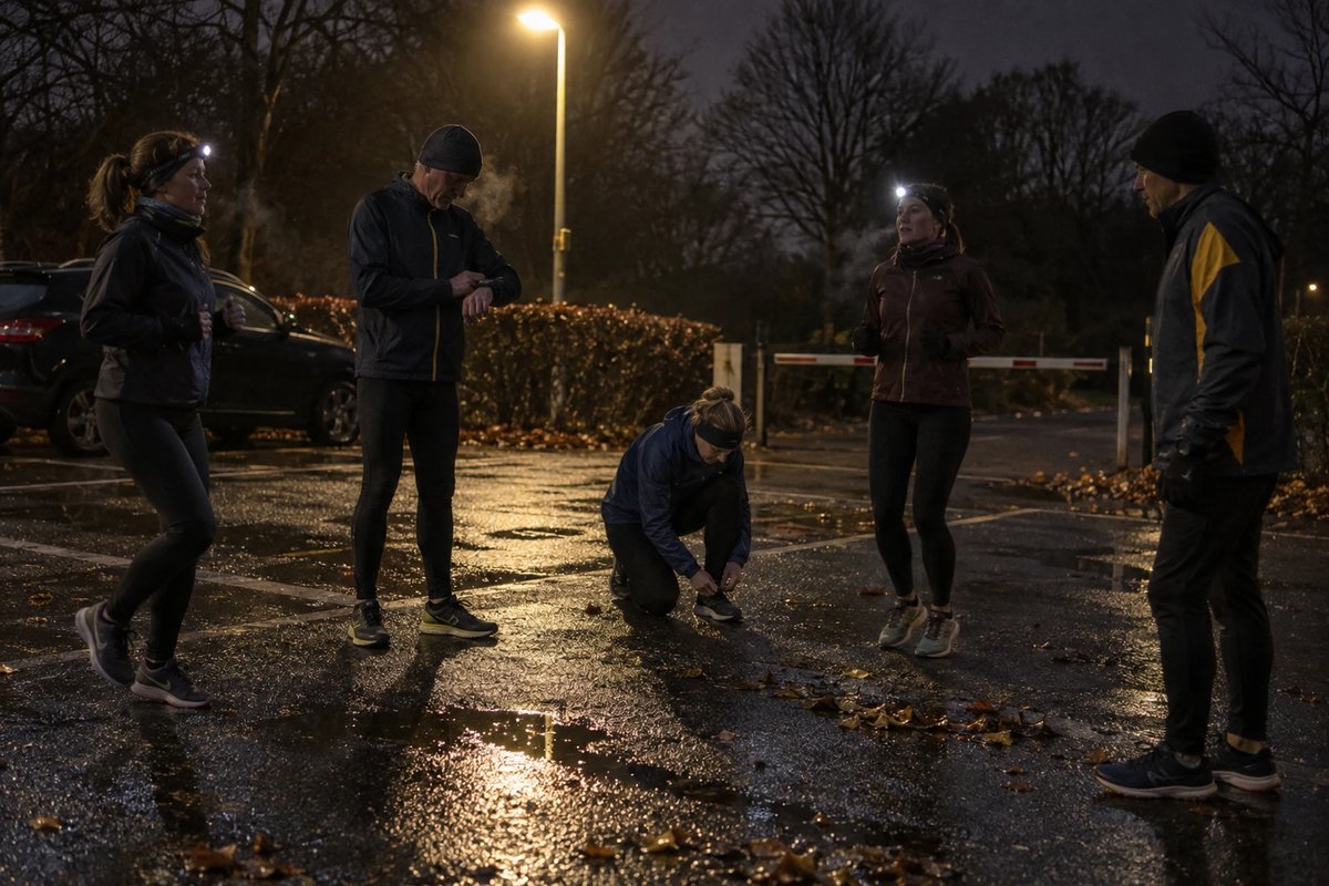 Fünf Läuferinnen und Läufer verschiedenen Alters treffen sich an einem regennassen Parkplatz unter einer Straßenlaterne, zwei laufen auf der Stelle, einer bindet sich den Schuh, Atem ist in der kalten Luft sichtbar
