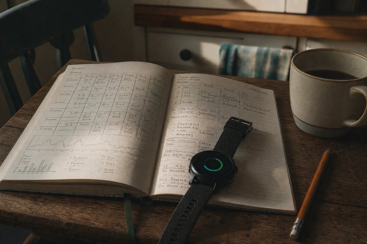 Ein offenes Papier-Trainingstagebuch auf einem Küchentisch mit handschriftlichem Zwei-Wochen-Blockplan und skizzierter Taper-Woche, daneben eine GPS-Uhr beim Synchronisieren und eine Kaffeetasse