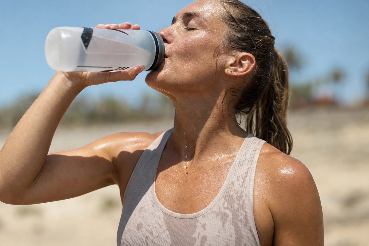 Ausdauersportlerin in der Sommerhitze trinkt aus einer Flasche, ihr helles atmungsaktives Sporttop ist sichtbar schweißnass, die Haut glänzt