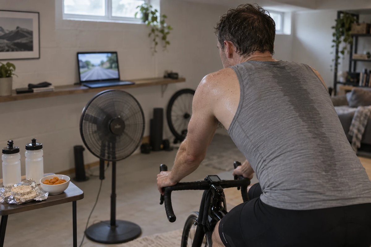 Radfahrer von hinten auf einem Rennrad im Smarttrainer in einem hellen Kellerraum, das graue Unterhemd am Rücken durchgeschwitzt, daneben ein Tisch mit zwei Trinkflaschen, Reiswaffeln in Alufolie und einer Schale Trockenaprikosen, vor ihm ein Standventilator