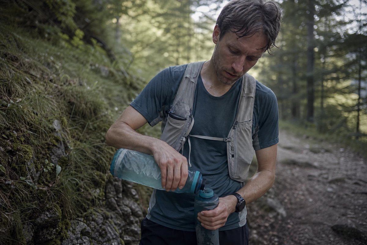 Ein Läufer pausiert auf einem Waldweg und füllt eine Soft-Flask aus einer größeren Flasche nach, die Laufweste ist am Brustgurt geöffnet, das Shirt schweißnass