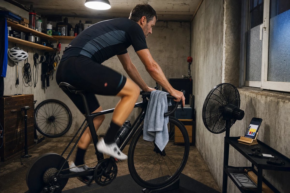 Radfahrer auf einem Smarttrainer in einer Garage absolviert eine Kadenz-Einheit, ein Ventilator läuft, ein Handtuch hängt über dem Lenker, ein Smartphone zeigt das Training