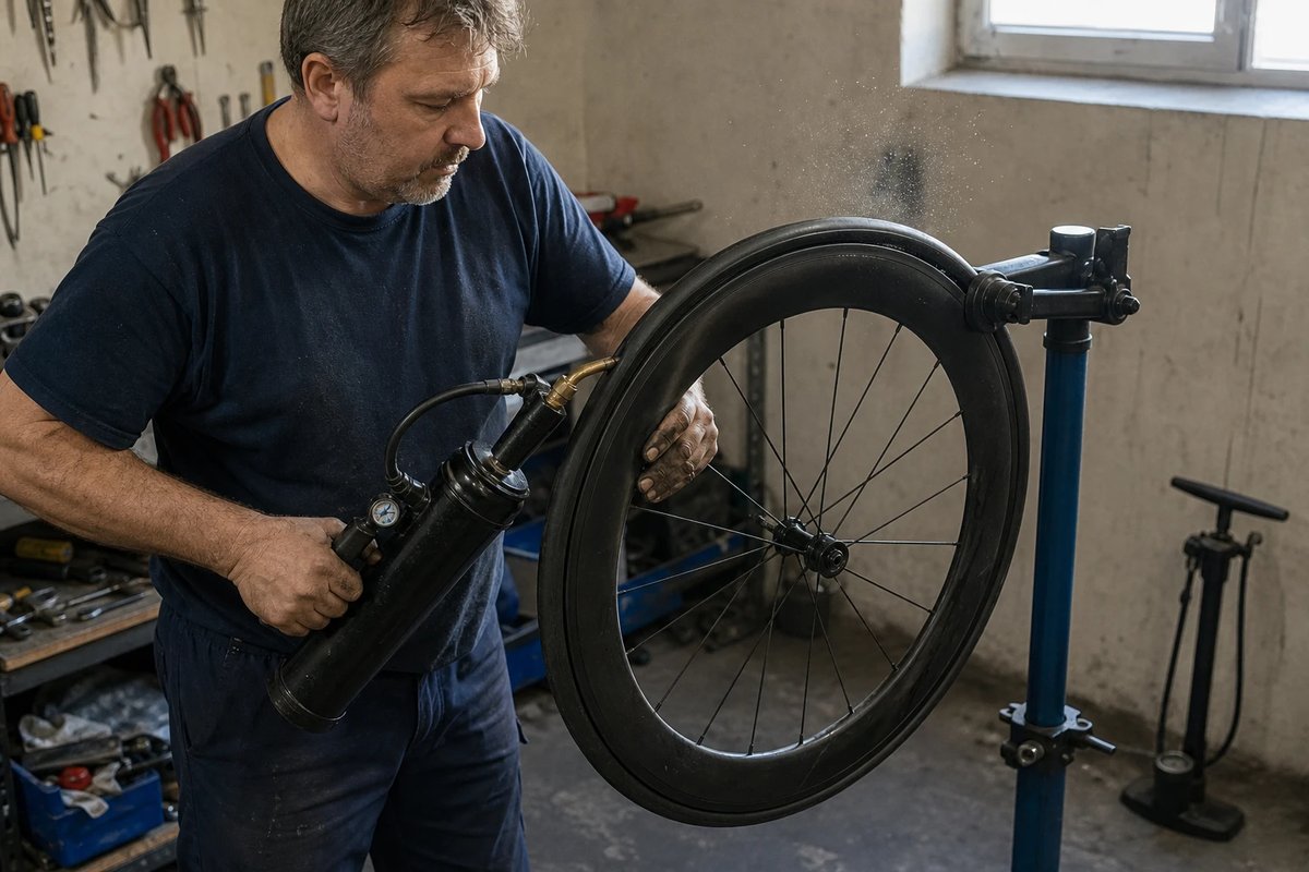 Ein Mechaniker setzt mit einer Tubeless-Booster-Pumpe mit Druckkammer die Reifenwulst eines Rennradreifens im Montageständer auf