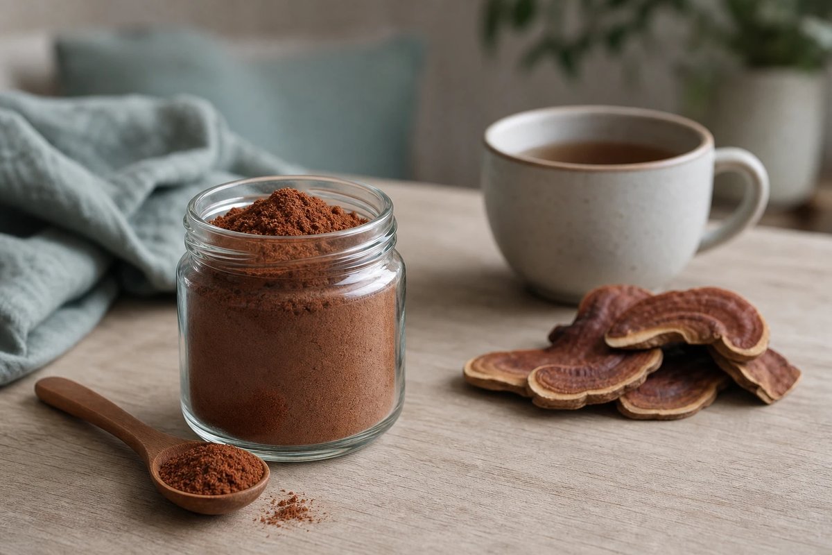 Markenneutrales schlichtes Glas mit rotbraunem Reishi-Pulver, ein Holzlöffel und getrocknete Reishi-Scheiben neben einer Tasse Tee auf einer hellen Holzfläche, ruhige Erholungs-Stimmung, ohne Etikett oder Marke