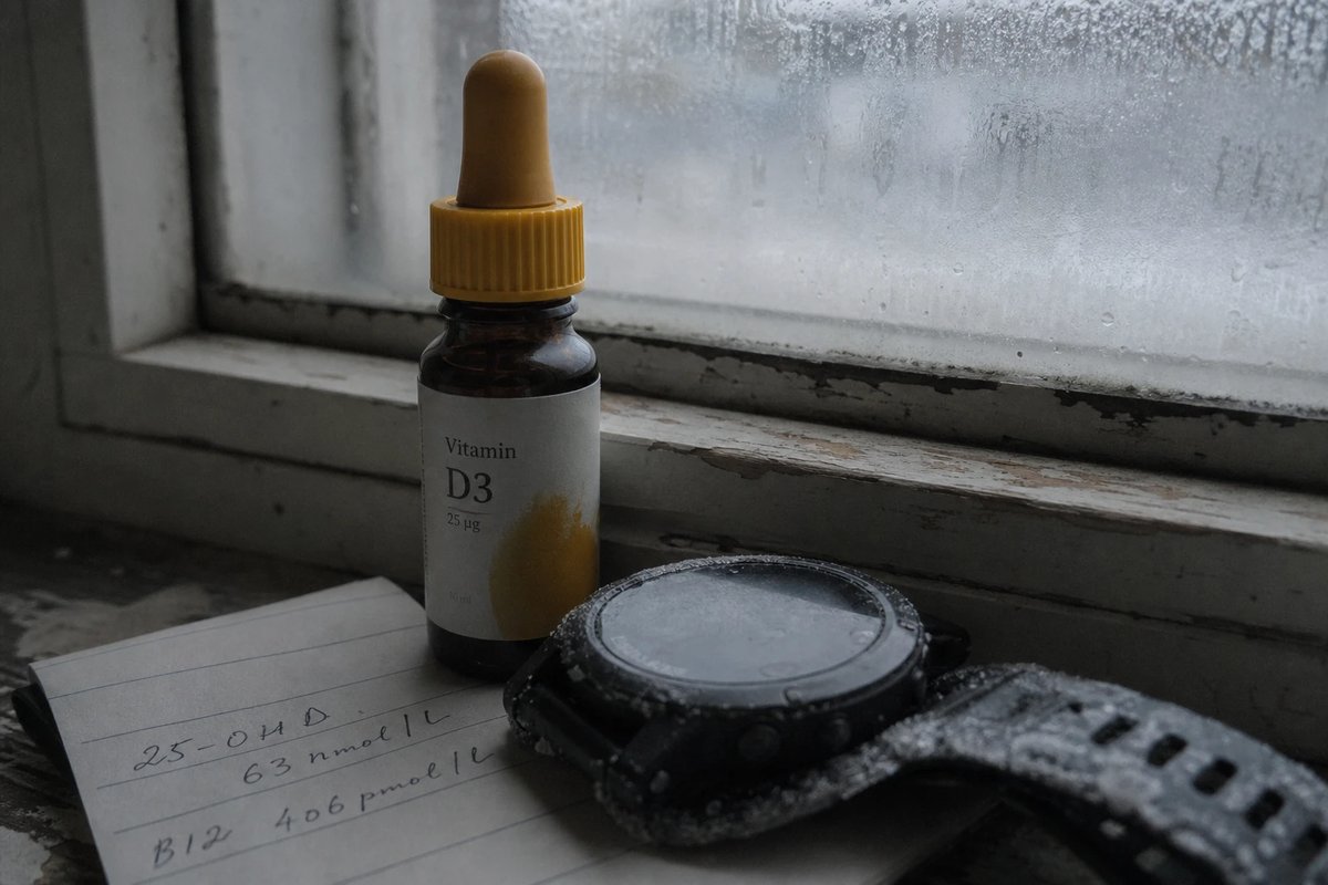 Kleine Vitamin-D3-Tropfflasche auf einer Fensterbank im fahlen Winterlicht, daneben eine GPS-Uhr mit salzverkrusteten Armband und eine handschriftliche Notiz mit Blutwerten