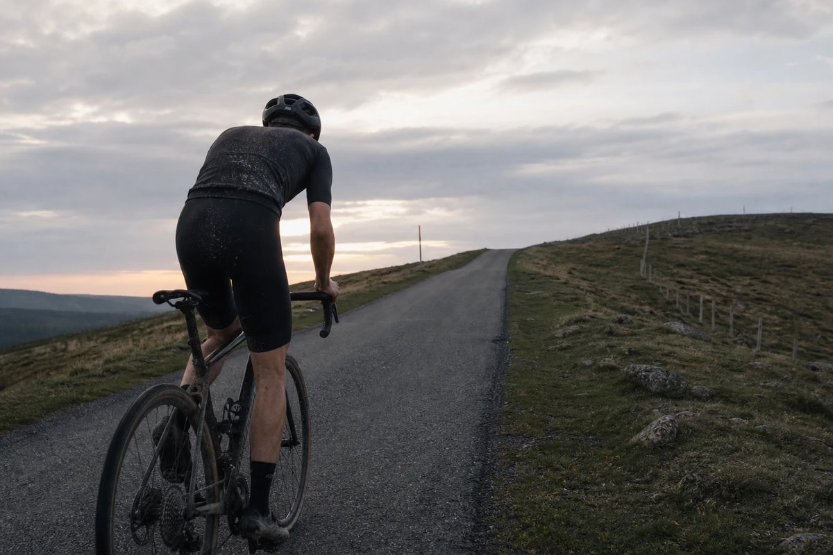 Einzelner Radsportler von hinten, der bei Dämmerung mit niedriger Trittfrequenz einen großen Gang einen sanften Anstieg hochkurbelt