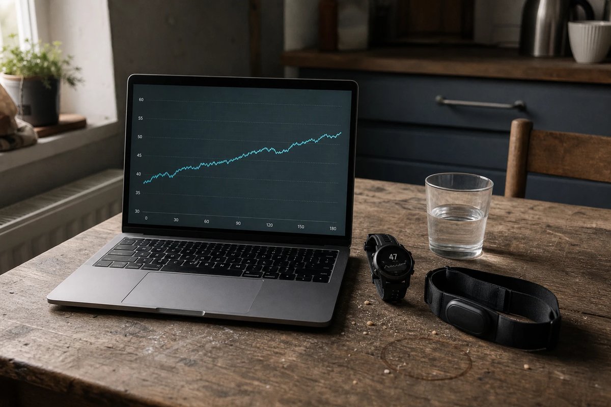 Laptop auf einem hölzernen Küchentisch zeigt eine langsam ansteigende Trendkurve, daneben eine GPS-Uhr, ein aufgerollter Brustgurt und ein Wasserglas, als Sinnbild dafür, dass der Trend über Wochen mehr aussagt als der Einzelwert