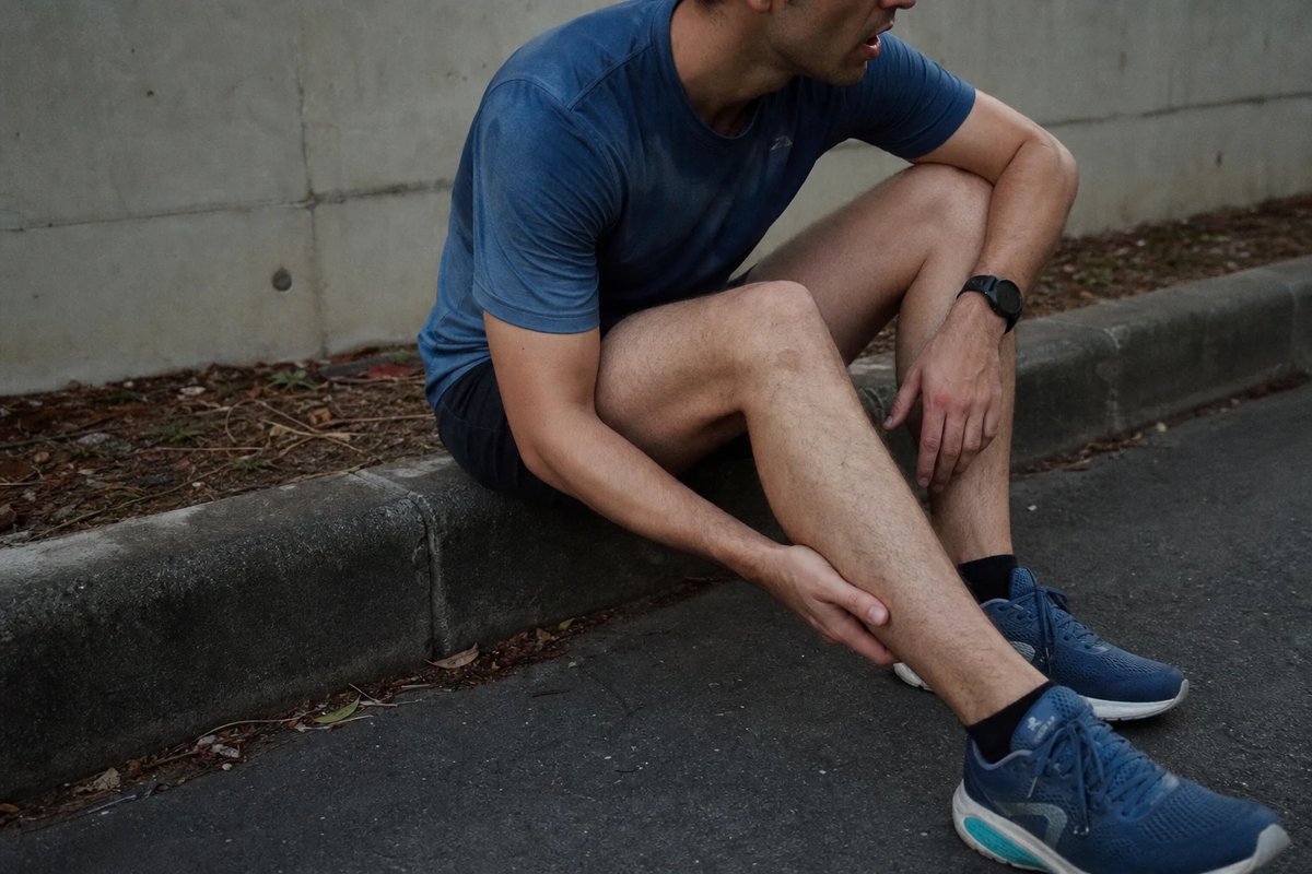 Läufer sitzt nach dem Lauf am Bordstein und greift sich an die untere Wade und Achillessehne