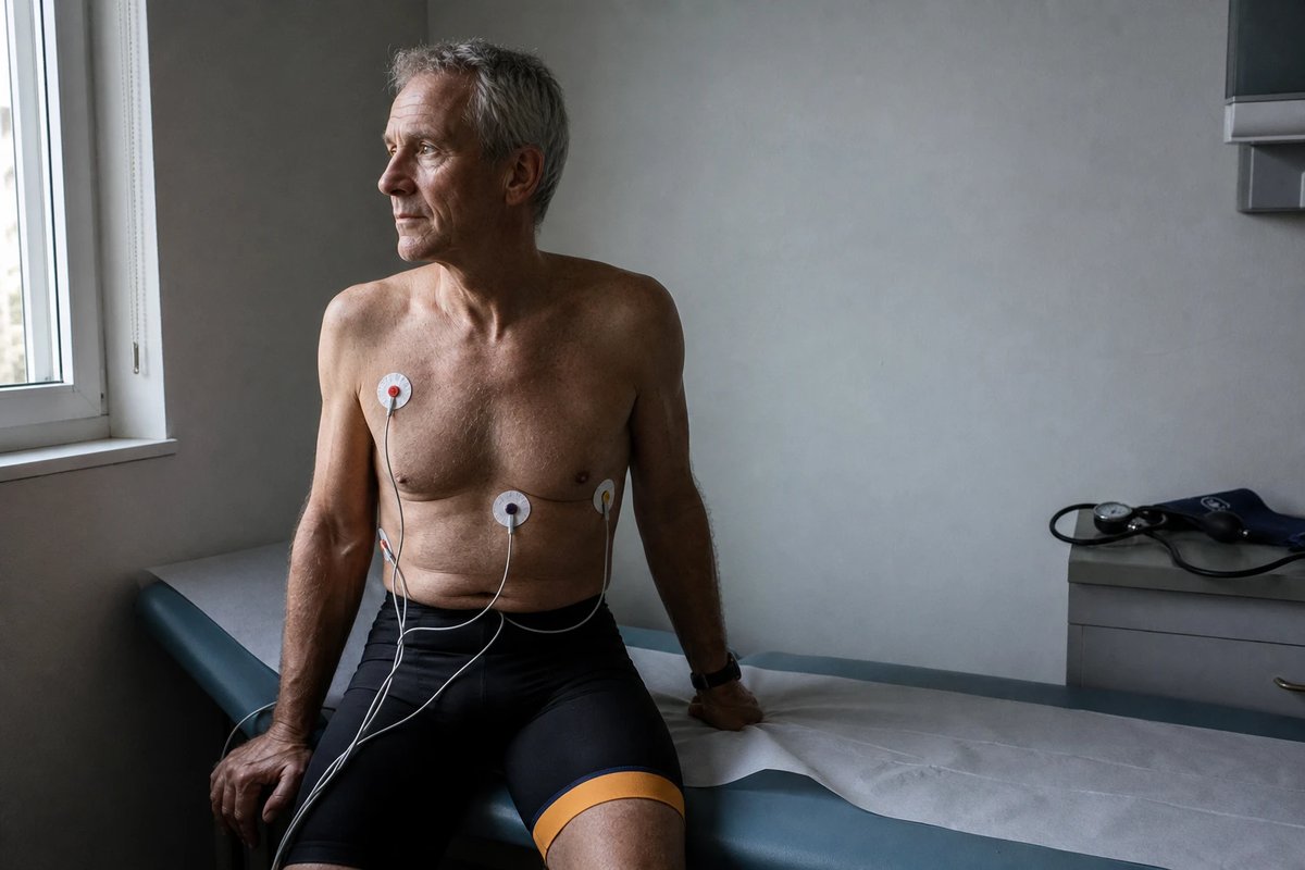 Älterer Ausdauersportler sitzt ruhig auf der Liege einer Arztpraxis während einer kardiologischen Untersuchung, mehrere runde EKG-Elektroden mit dünnen Kabeln auf dem nackten Oberkörper, Blick zum Fenster gewandt