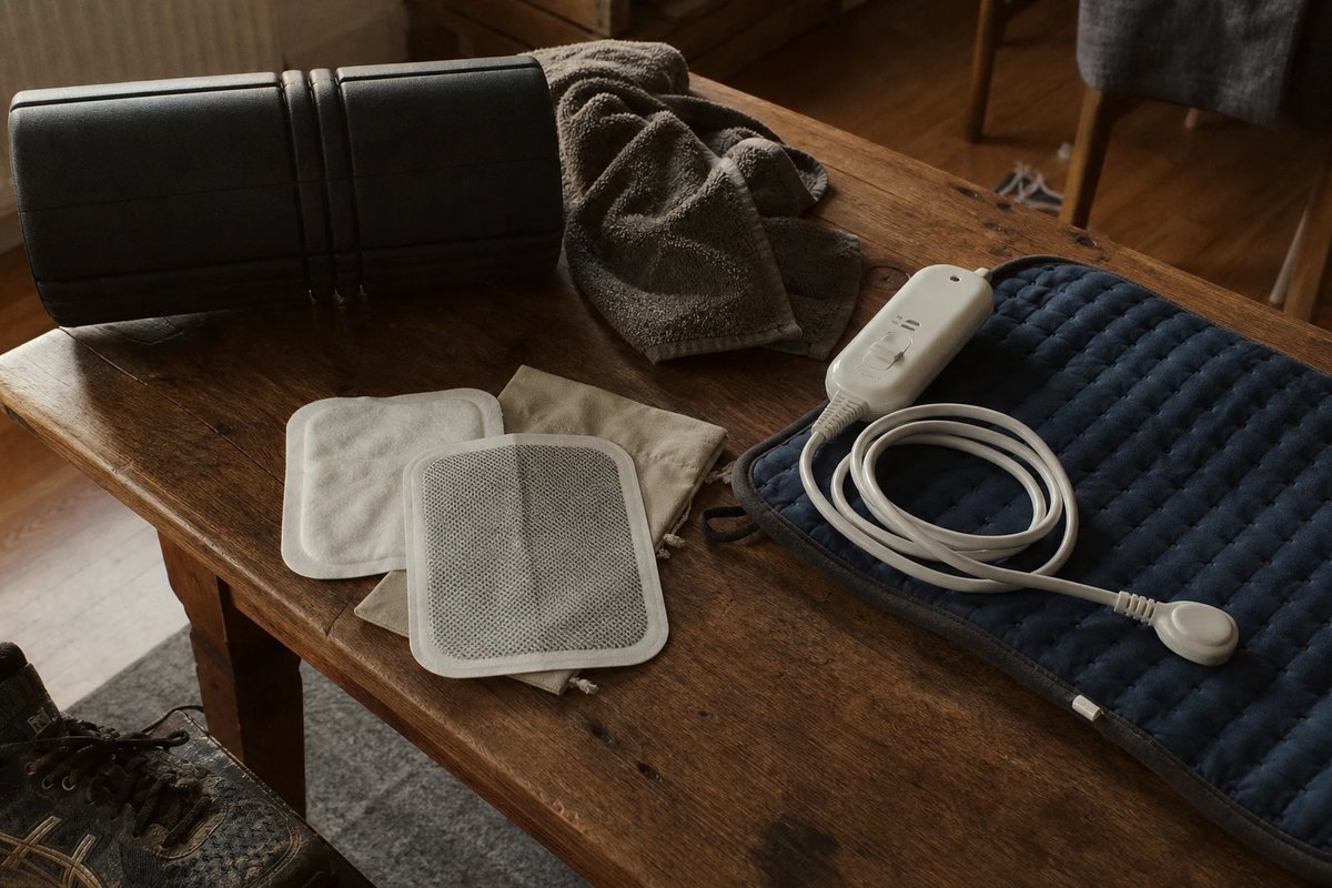Auf einem Holztisch liegen mehrere selbstklebende Wärmepflaster und ein elektrisches Heizkissen mit Bedienteil und Kabel neben einer Faszienrolle und einem Handtuch