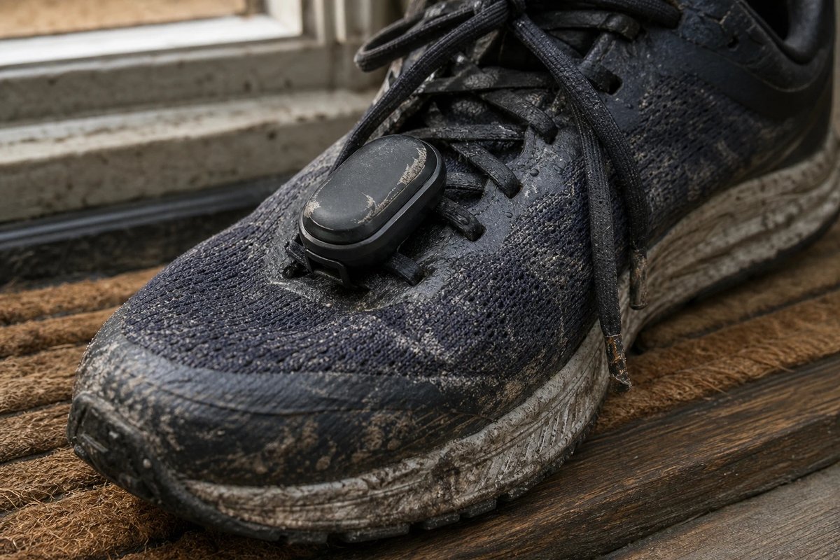 Kleiner schwarzer Lauf-Footpod, an die Schnürsenkel eines verschmutzten Laufschuhs geclipt, der Schuh steht auf einer Fußmatte vor einer Tür