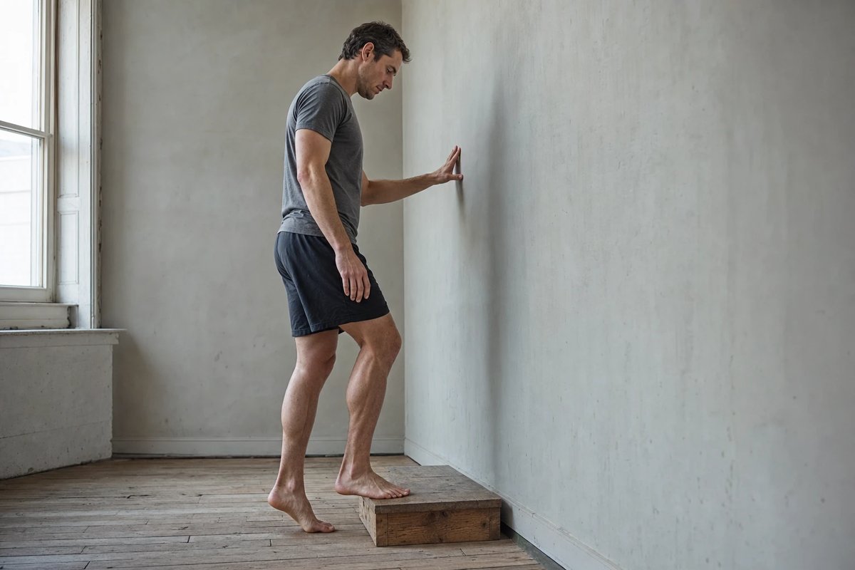 Athlet stützt sich an einer Wand ab und stellt einen Fuß auf eine niedrige Holzstufe für einseitiges Wadentraining