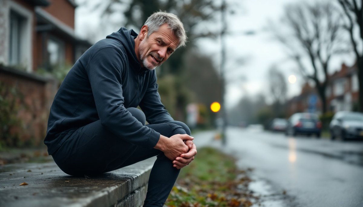Läufer sitzt nach dem Lauf auf einer niedrigen Mauer an einer nassen Vorstadtstraße und reibt sich die schmerzende Wade, müde und mit leichtem Schmerzgesicht