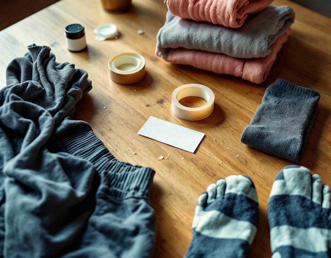 Flatlay der Anti-Chafe-Ausrüstung auf einem Holztisch: ein Topf Balsam, eine Rolle hautfarbenes Tape, nahtarme Kompressionsshorts, ein kleiner Antitranspirant-Stick und Funktionssocken